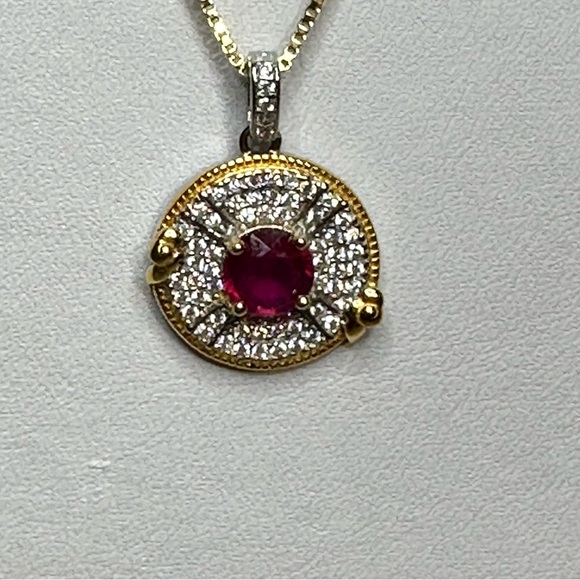 NWOT Sterling Silver gold box chain necklace round pendant red stone CZ accents - Picture 1 of 4